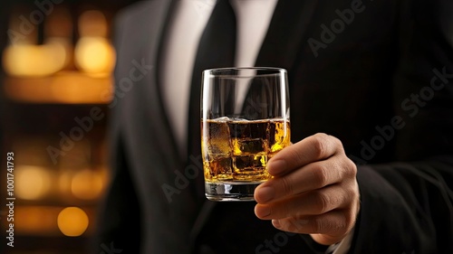 Businessman in black suit holding glass of whiskey Celebrate company success close-up with generaative ai