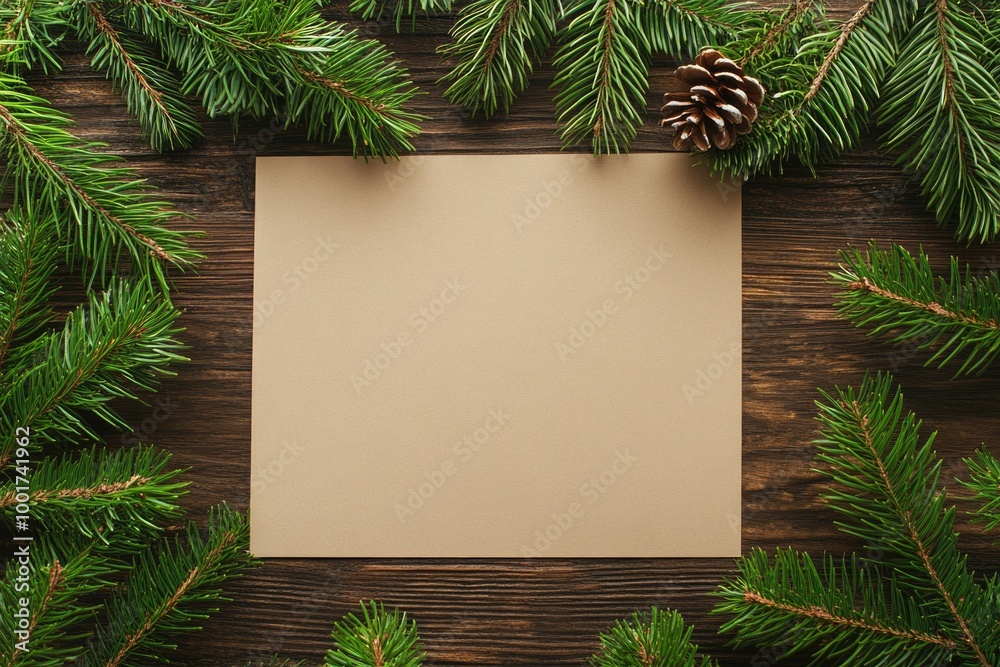 Festive Blank Paper Card on Wooden Christmas Tree Branches Festive Blank Paper Card on Wooden Christmas Tree Branches