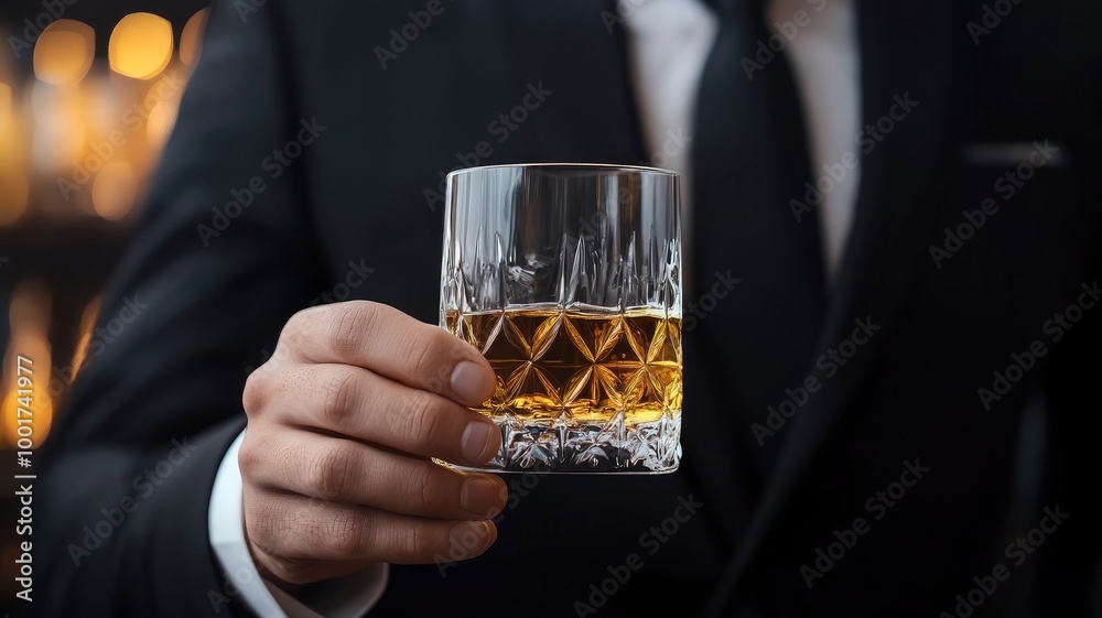 Businessman in black suit holding glass of whiskey Celebrate company success close-up with generaative ai Businessman in black suit holding glass of whiskey Celebrate company success close-up with generaative ai