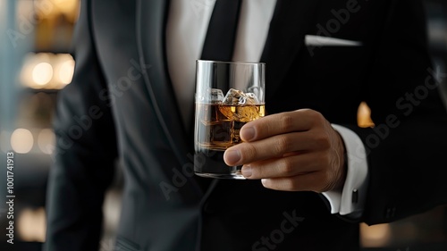 Businessman in black suit holding glass of whiskey Celebrate company success close-up with generaative ai