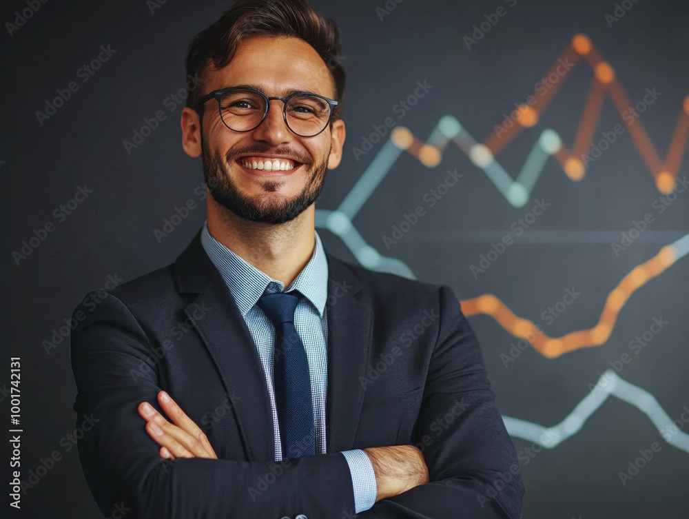 Cheerful man celebrating success with raised fists in modern office with financial graphs Cheerful man celebrating success with raised fists in modern office with financial graphs
