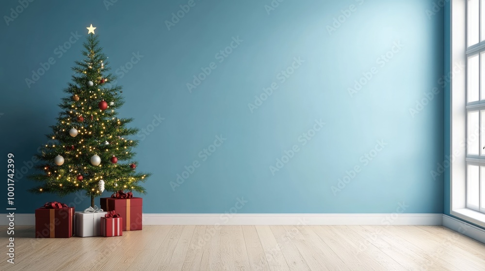 Modern Christmas Tree Decor in Minimalist Living Room Interior Modern Christmas Tree Decor in Minimalist Living Room Interior