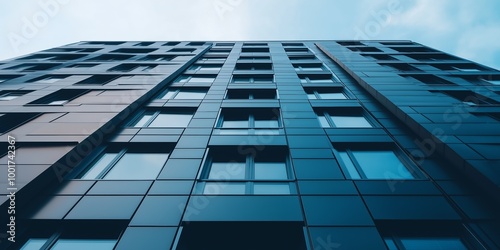 A tall building with many windows and a blue sky in the background. The building is made of glass and has a modern design