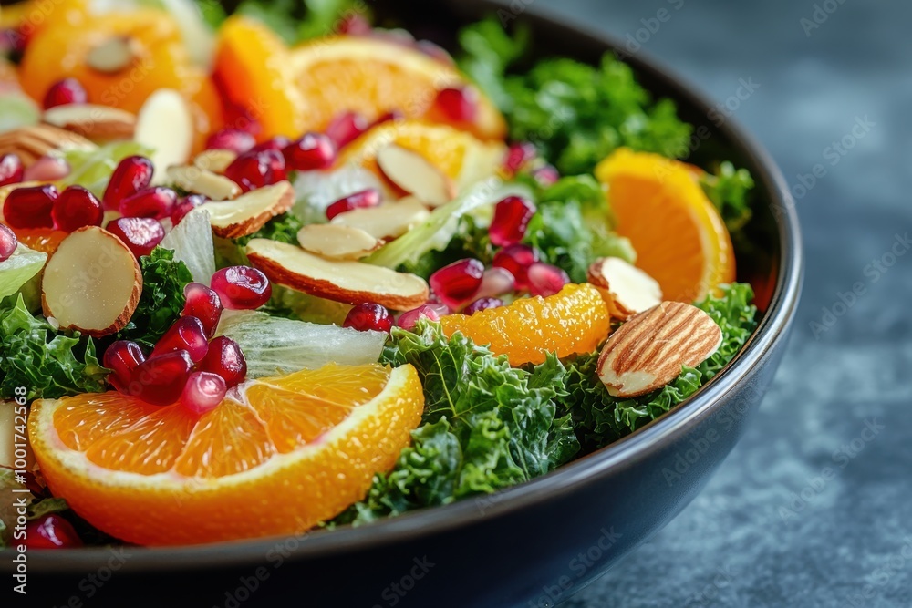 gourmet salad creation, vibrant salad bowl with baby kale, mandarin oranges, shaved fennel, pomegranate, toasted almonds, and citrus dressing gourmet salad creation, vibrant salad bowl with baby kale, mandarin oranges, shaved fennel, pomegranate, toasted almonds, and citrus dressing