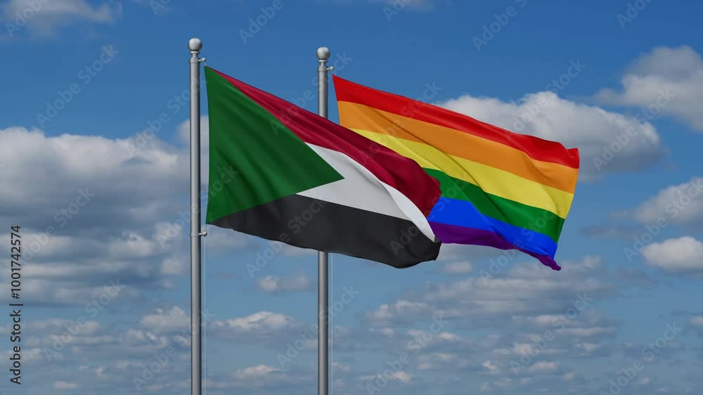 LGBT movement flag also Gay Pride and Sudan two flags waving cycle looped video, tolerance conception in country