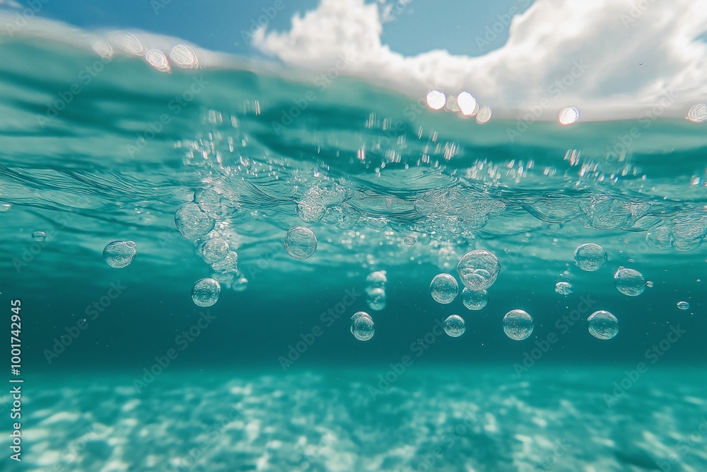 A beautiful blue ocean with lots of bubbles floating on the surface. The bubbles are scattered throughout the water, creating a sense of movement and life. The scene is peaceful and serene A beautiful blue ocean with lots of bubbles floating on the surface. The bubbles are scattered throughout the water, creating a sense of movement and life. The scene is peaceful and serene