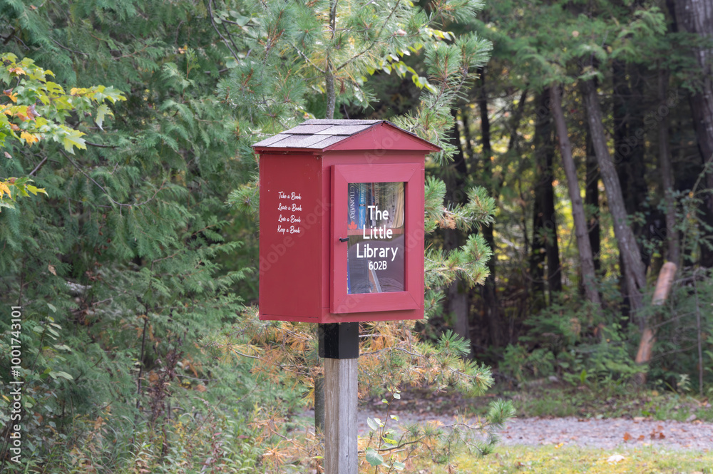 The Red Little Library Box for People to Borrow a Book Posted on the Side of a Road The Red Little Library Box for People to Borrow a Book Posted on the Side of a Road