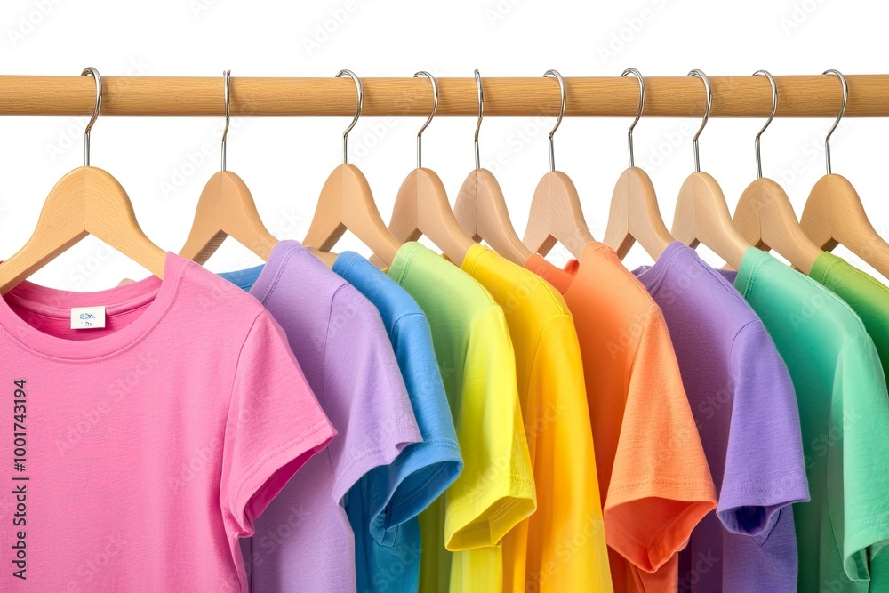 Fototapeta premium Close up a collection of pastel color t-shirts hanging on a wooden clothes hanger in closet or clothing rack over white background, with generative ai