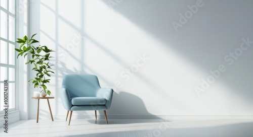 Cozy Living Room with Blue Armchair and Minimalist Design in Bright Modern Interior