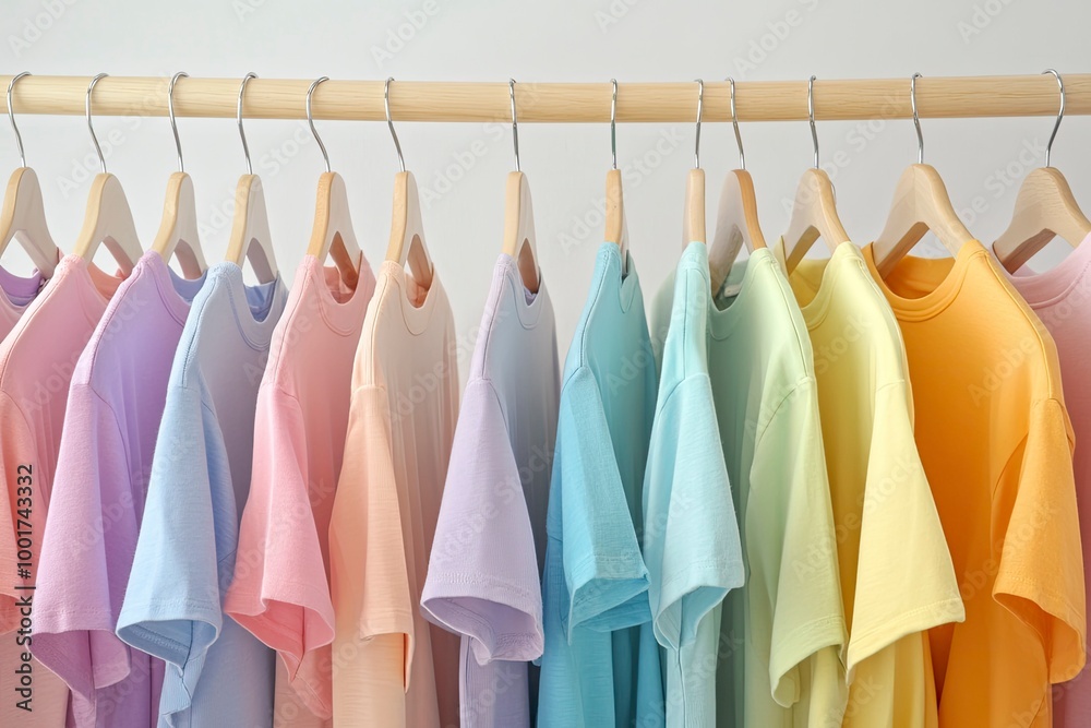 Close up a collection of pastel color t-shirts hanging on a wooden clothes hanger in closet or clothing rack over white background, with generative ai Close up a collection of pastel color t-shirts hanging on a wooden clothes hanger in closet or clothing rack over white background, with generative ai