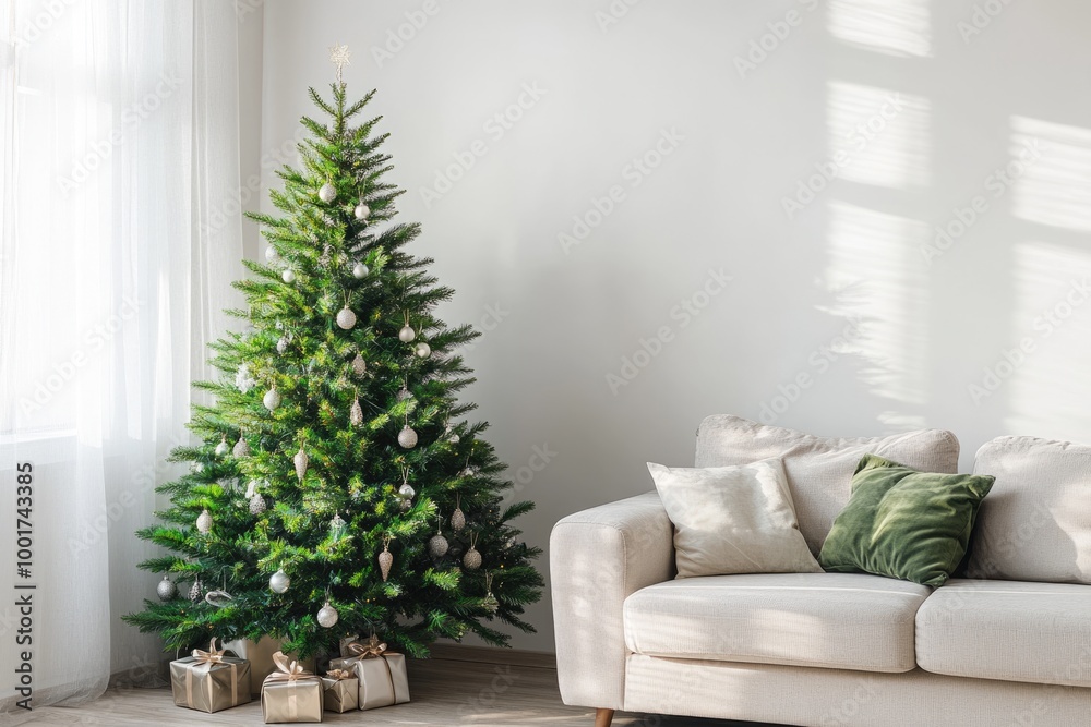 Fototapeta premium Festive Christmas Tree Decoration in Modern Minimalist Living Room