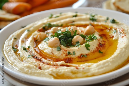 A white plate with a yellow dip and some carrots. The dip is made of chickpeas and has a spicy flavor