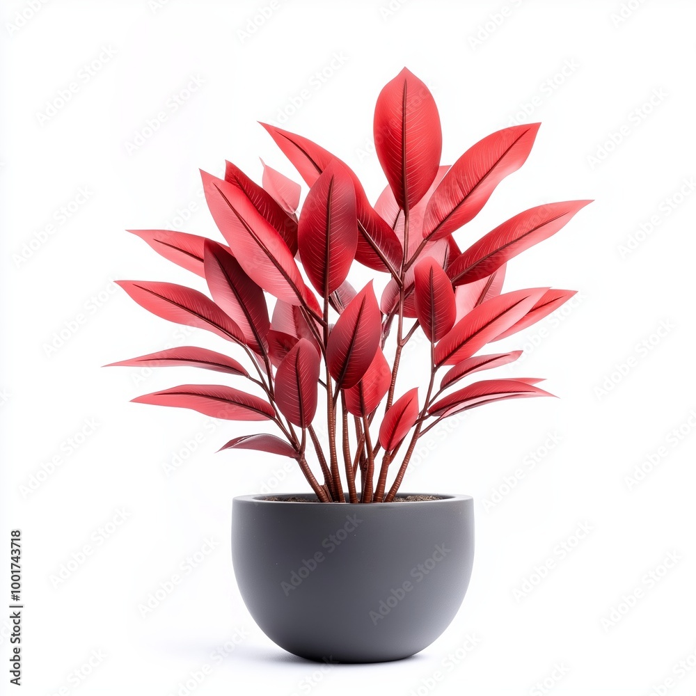 A potted plant with red leaves sits in a grey ceramic pot. The plant is the main focus of the image, and the pot is a secondary element. The red leaves of the plant create a sense of warmth A potted plant with red leaves sits in a grey ceramic pot. The plant is the main focus of the image, and the pot is a secondary element. The red leaves of the plant create a sense of warmth