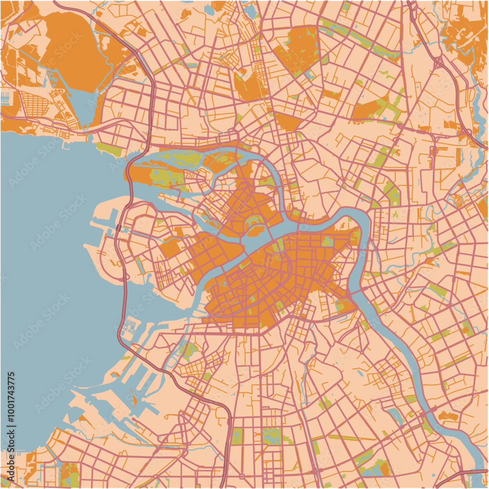 Obraz premium Map of Saint Petersburg in Russia in a sandy theme. Contains layered vector with roads water, parks, etc.