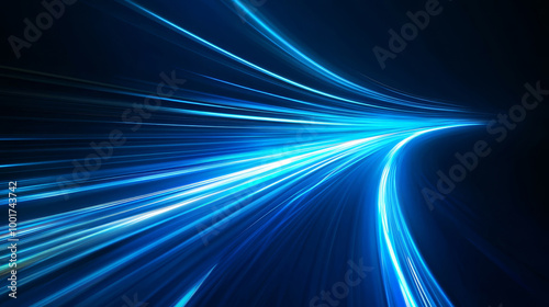  A digital image showcasing vibrant light rays blue light on blue background creating a sense of speed and motion blur. Energy technology concept.