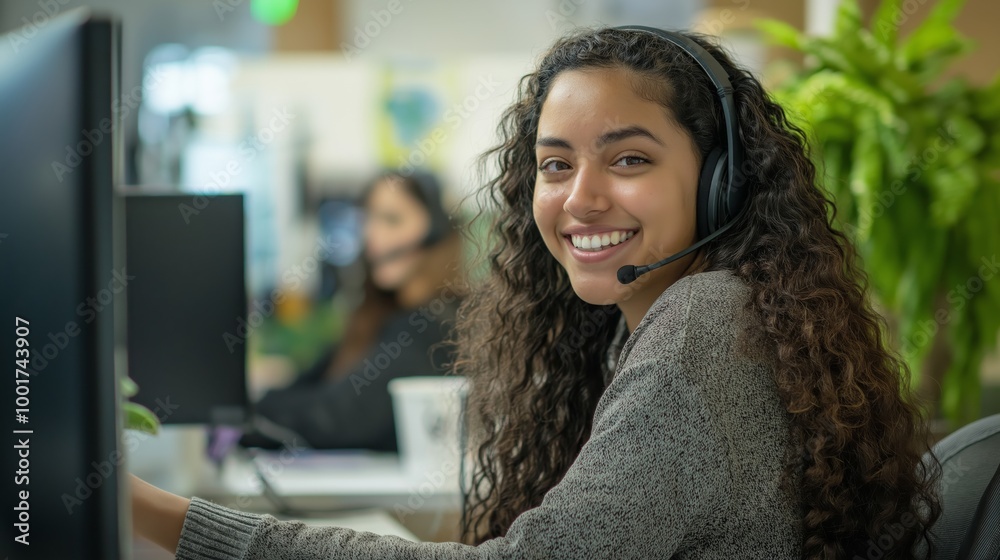 Diverse Customer Support Representative at Work, Office Environment, Technology, Smiling Woman with Headset