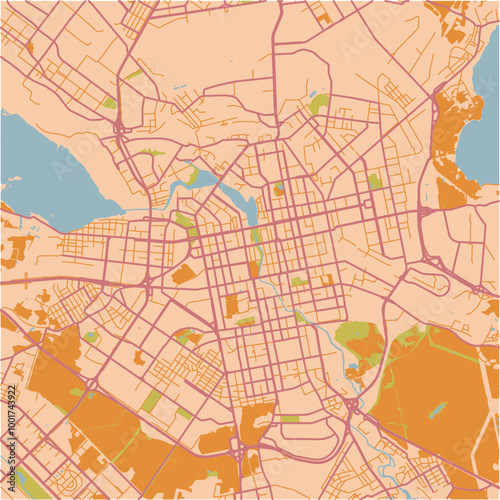 Map of Yekaterinburg in Russia in a sandy theme. Contains layered vector with roads water, parks, etc.