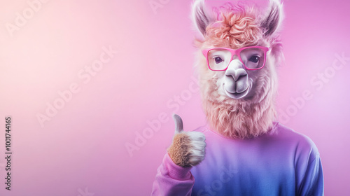 A person wearing a llama costume gives a thumbs up against a pink background.