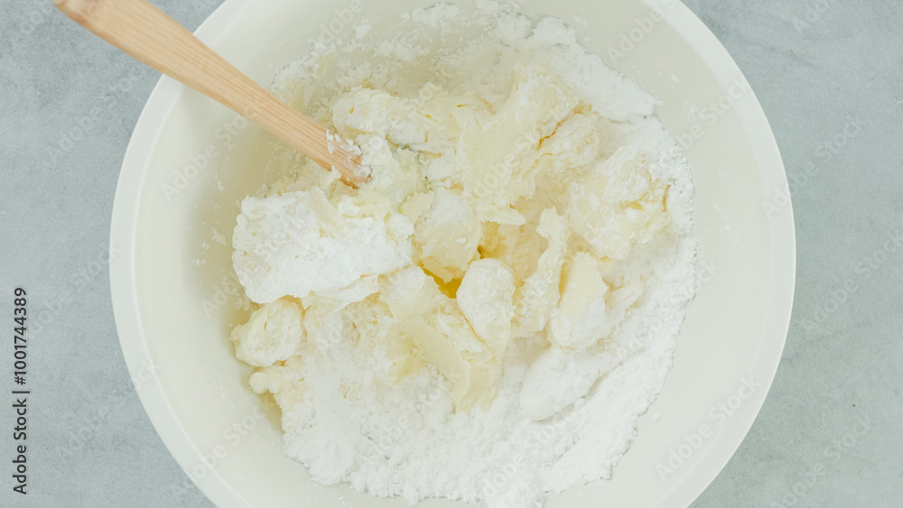 Cream cheese whipped cream recipe. Mixing cream cheese, sugar powder, and whipping cream together in a bowl. Close-up preparation process, recipe Cream cheese whipped cream recipe. Mixing cream cheese, sugar powder, and whipping cream together in a bowl. Close-up preparation process, recipe