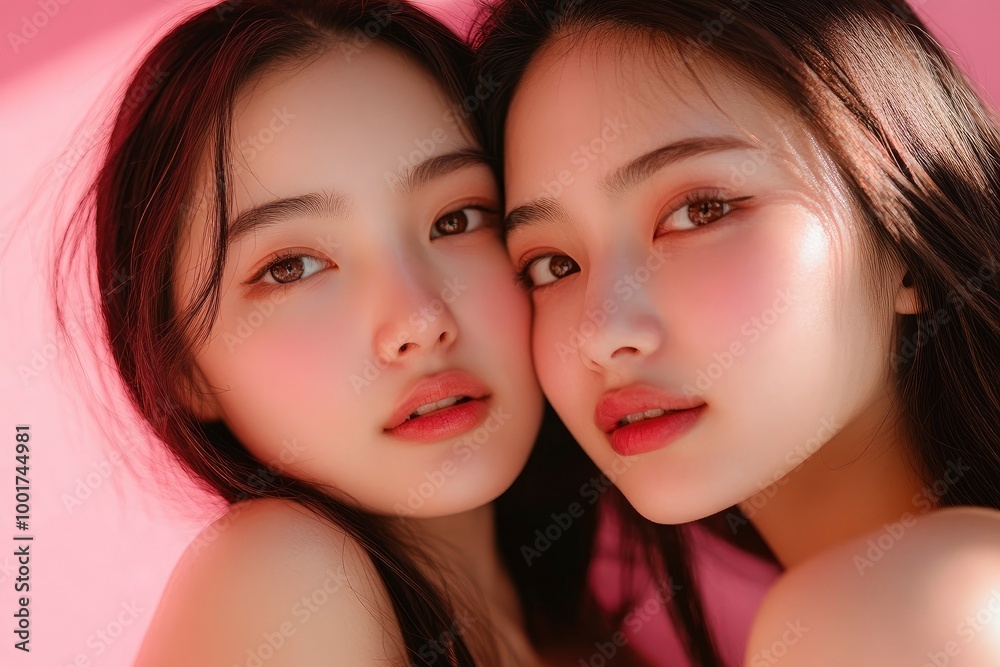 Close up portrait beauty shot of two young beautiful Asian girls looking at camera isolated on pink background. with generative ai