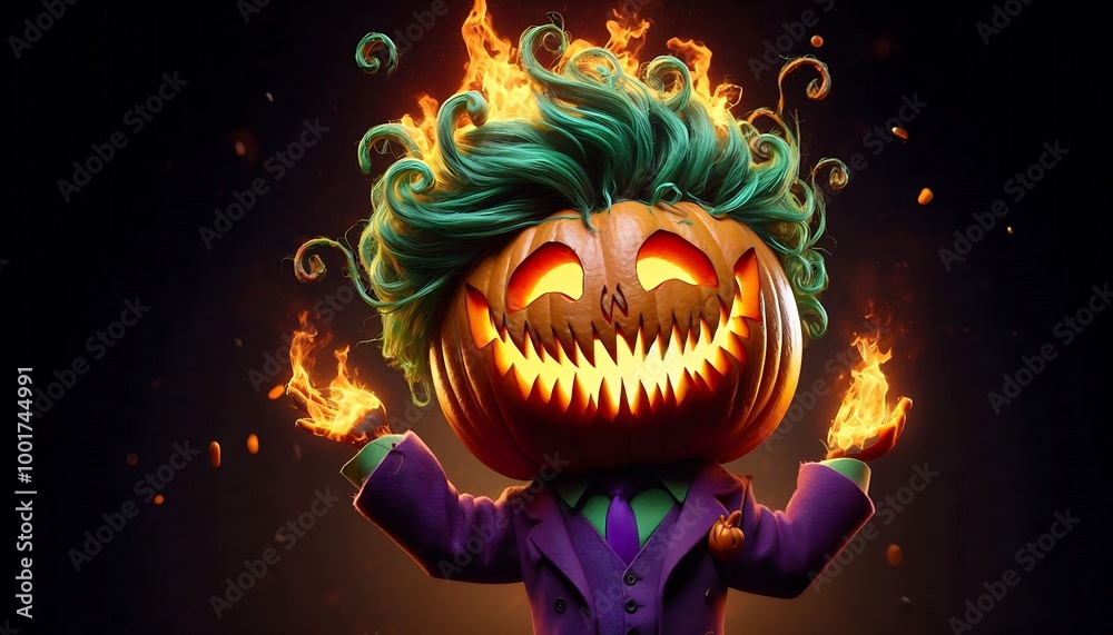 Fototapeta premium Burning spooky pumpkin in a suit with green hair. Halloween scene with a pumpkin,halloween pumpkin.Generative ai