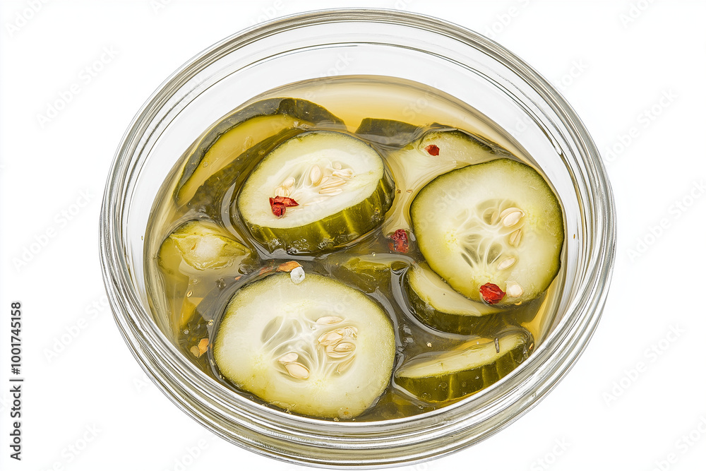 Pickled cucumber slices in glass bowl on white background Pickled cucumber slices in glass bowl on white background