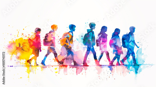 Group of school children with backpacks in jackets walking on the street color watercolor illustration with abstract background, rear view. Students go to school or return home.