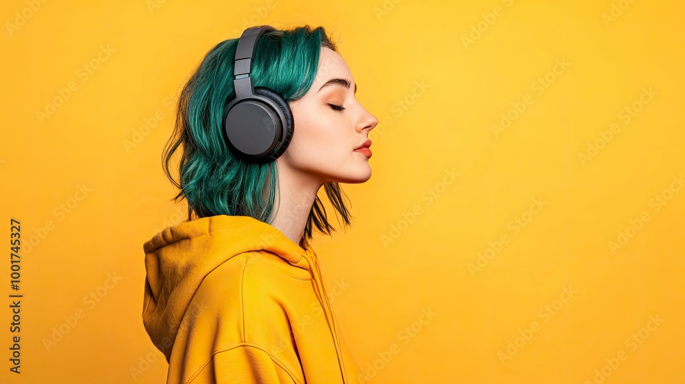 Close up side view young fun happy woman with dyed green hair wearing hoody casual clothes listen to music in headphones isolated on plain yellow orange background studio portrait. with generative ai Close up side view young fun happy woman with dyed green hair wearing hoody casual clothes listen to music in headphones isolated on plain yellow orange background studio portrait. with generative ai