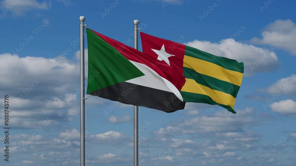 Togo, Togolese Republic and Sudan flags flying together, video concept of the relationship, two country cooperation concept Togo, Togolese Republic and Sudan flags flying together, video concept of the relationship, two country cooperation concept