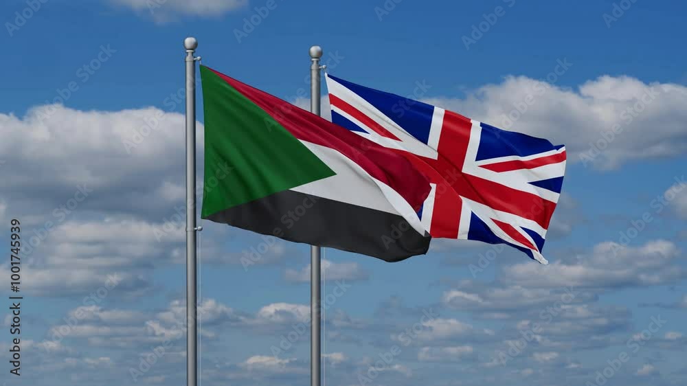United Kingdom and Sudan flags flying together, video concept of the relationship, two country cooperation concept United Kingdom and Sudan flags flying together, video concept of the relationship, two country cooperation concept