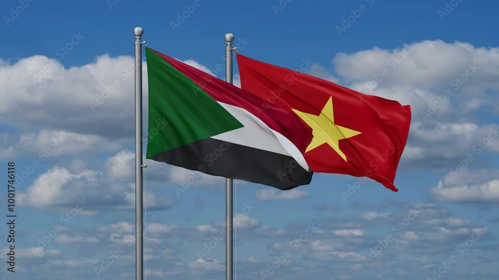 Vietnam and Sudan flags flying together, video concept of the relationship Vietnam and Sudan flags flying together, video concept of the relationship