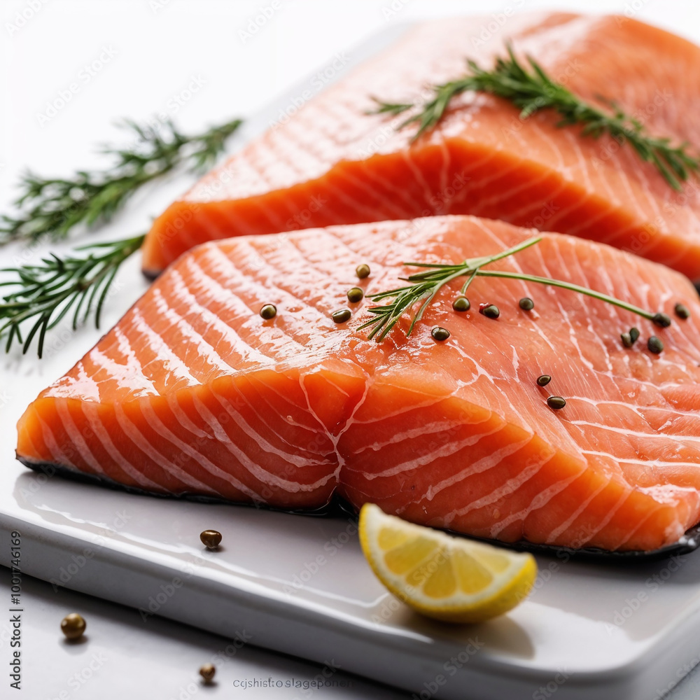 Fresh Salmon fish fillet on a wooden cutting board / White background Fresh Salmon fish fillet on a wooden cutting board / White background