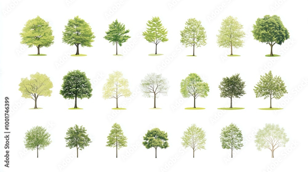 Fototapeta premium Collection of 18 different green trees isolated on white background.