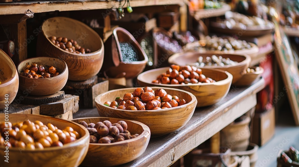 Fototapeta premium Wooden bowls filled with nuts and seeds at a traditional market