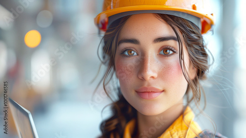 Beautiful young woman in a working helmet