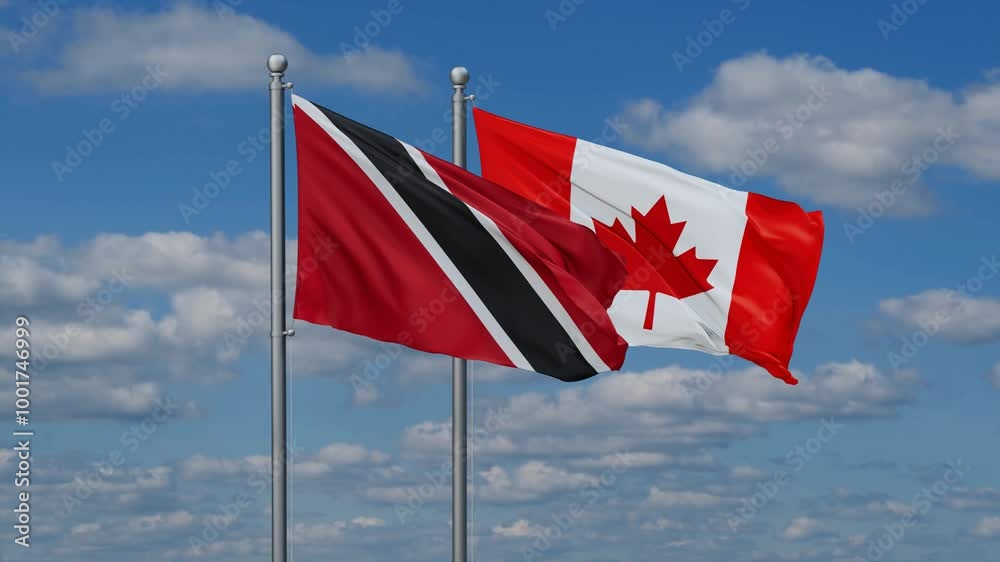 Canada and Trinidad and Tobago flags flying together, video concept of the relationship, two country cooperation concept Canada and Trinidad and Tobago flags flying together, video concept of the relationship, two country cooperation concept