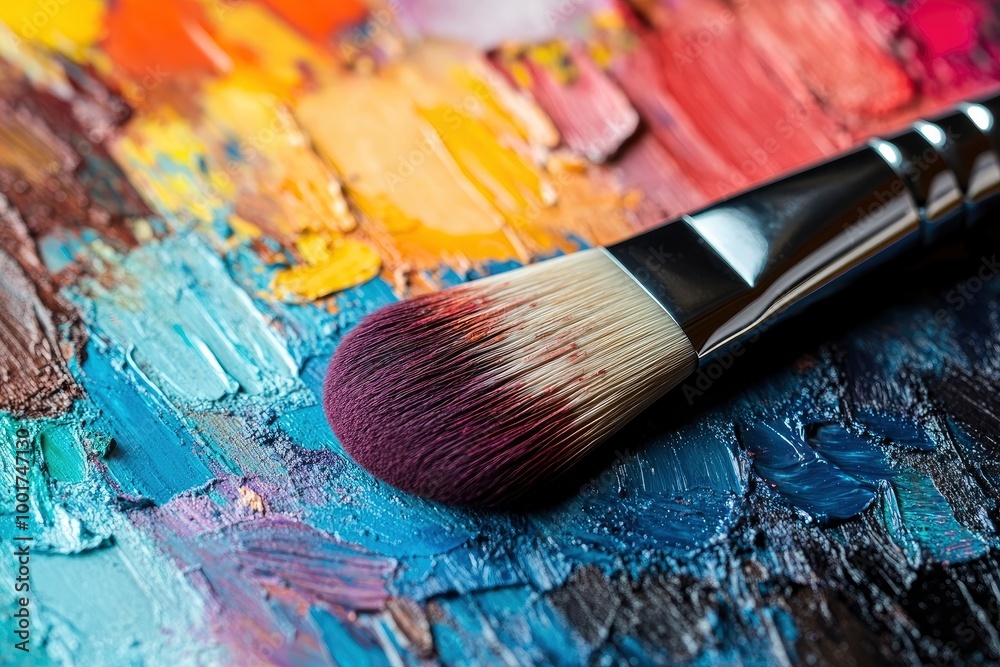 Fototapeta premium Close up view of eye make up brush on colorful pallet with generative ai