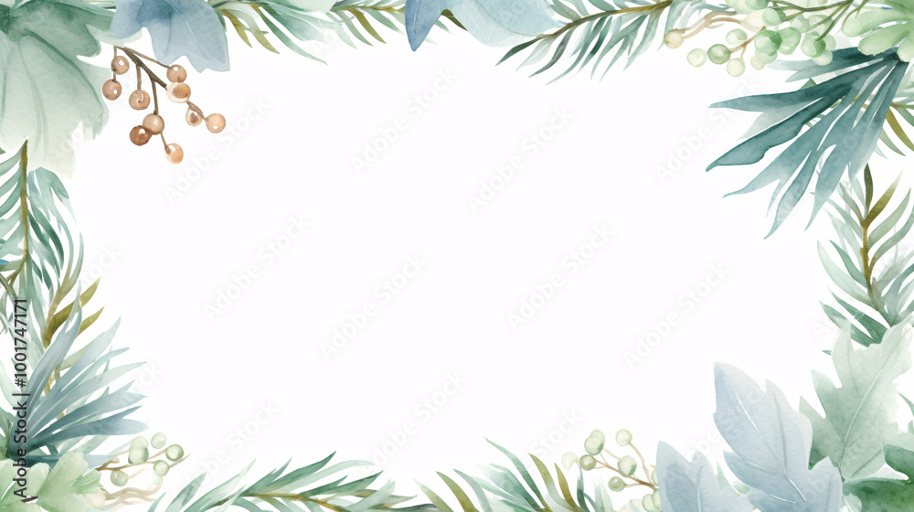 Watercolor Illustration of Green Leaves and Red Berries Holiday Border with Light Background, Festive Seasonal Design Watercolor Illustration of Green Leaves and Red Berries Holiday Border with Light Background, Festive Seasonal Design