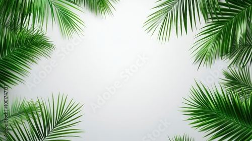 Green palm leaves frame a white background.
