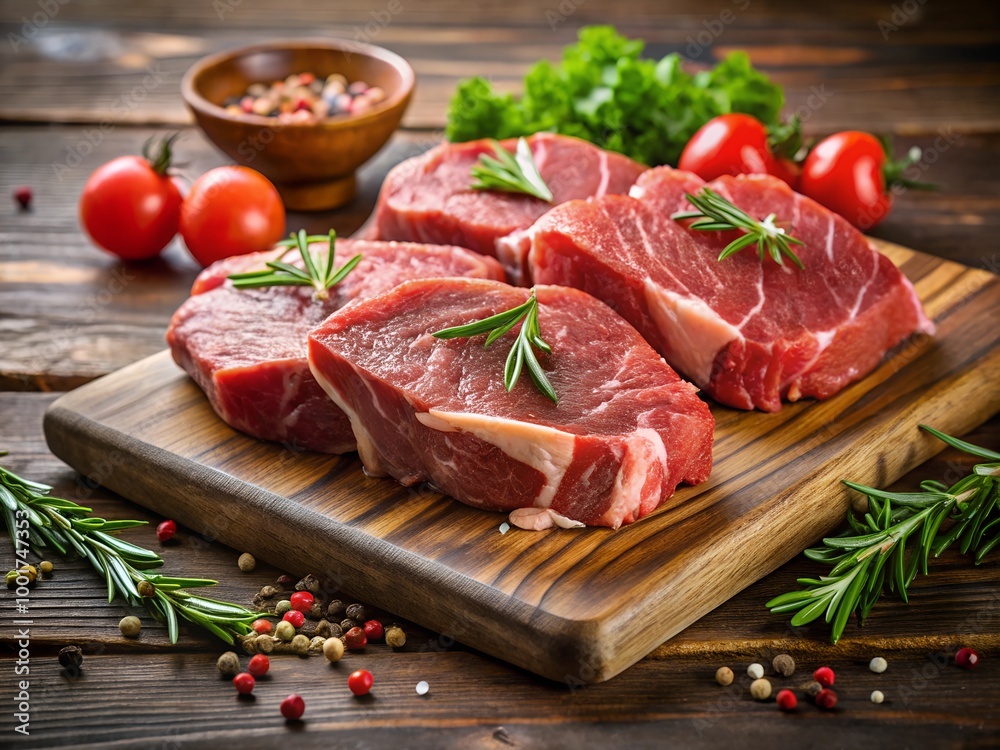raw meat with herbs and vegetables on a wooden table