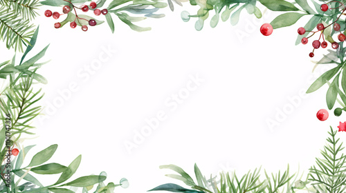 Watercolor Illustration of Green Leaves and Red Berries Holiday Border with Light Background, Festive Seasonal Design