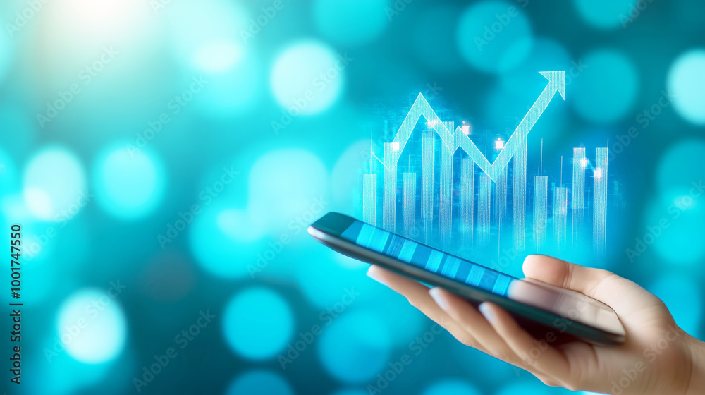 Graph with growth trend over smartphone in hand