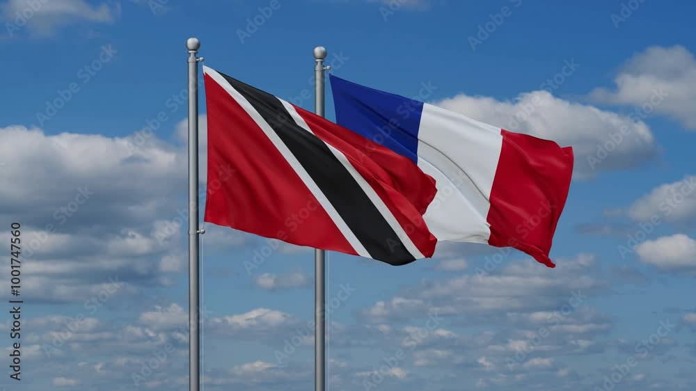 France and Trinidad and Tobago flags waving together, video concept of the relationship, two country relations concept