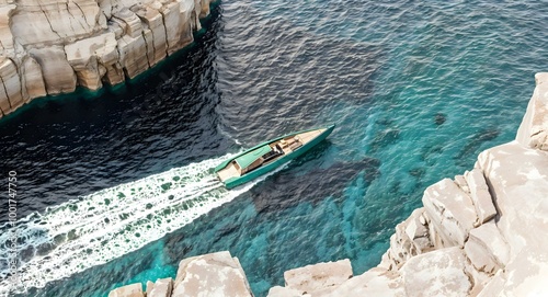 Aerial view of a fishing boat in the bay of the island of Santorini