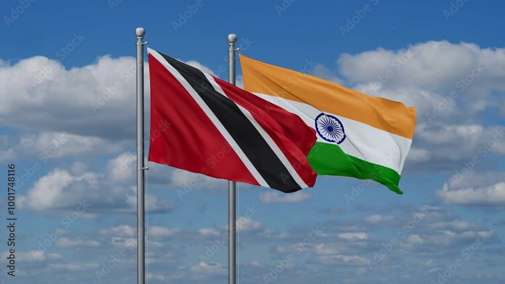India and Trinidad and Tobago flags flying together, video concept of the relationship, two country relations concept India and Trinidad and Tobago flags flying together, video concept of the relationship, two country relations concept