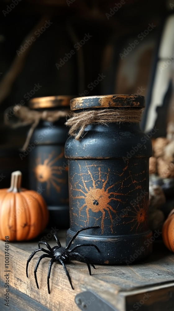 Spooky Halloween decor with black jars and spiderwebs. Spooky Halloween decor with black jars and spiderwebs.