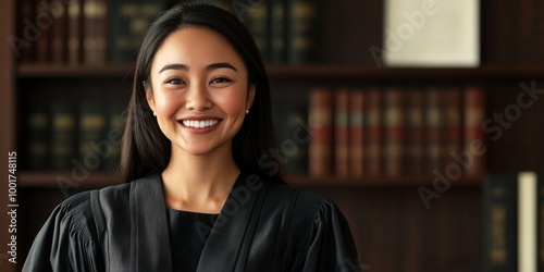 A confident female judge stands in a library filled with books. Her warm smile reflects her dedication to justice. This portrait captures professionalism and authority in a courtroom setting. AI