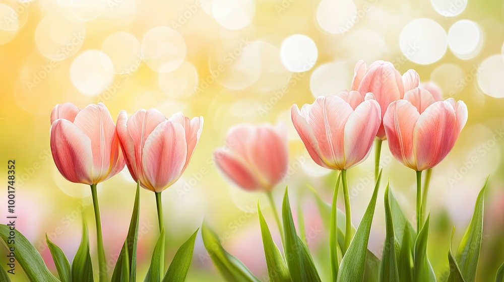 Pink tulips in a field with a soft, blurred background. Pink tulips in a field with a soft, blurred background.