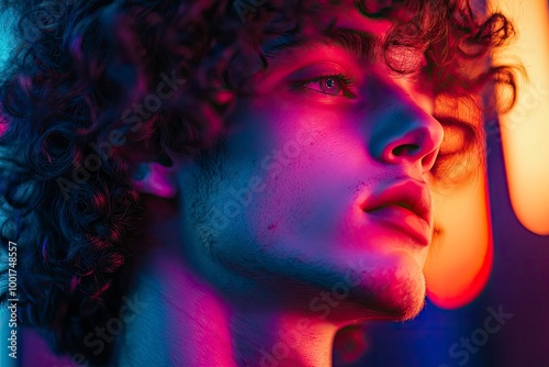 Close up view from the side. Young man with curly hair is indoors illuminated by neon lighting. with generattive ai