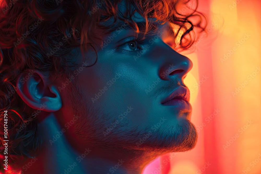 Fototapeta premium Close up view from the side. Young man with curly hair is indoors illuminated by neon lighting. with generattive ai